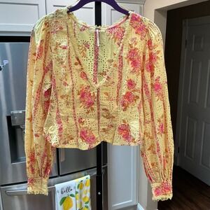 Free People Flower Fields Eyelet Top XS Yellow Floral Puff Sleeve Boho Blouse